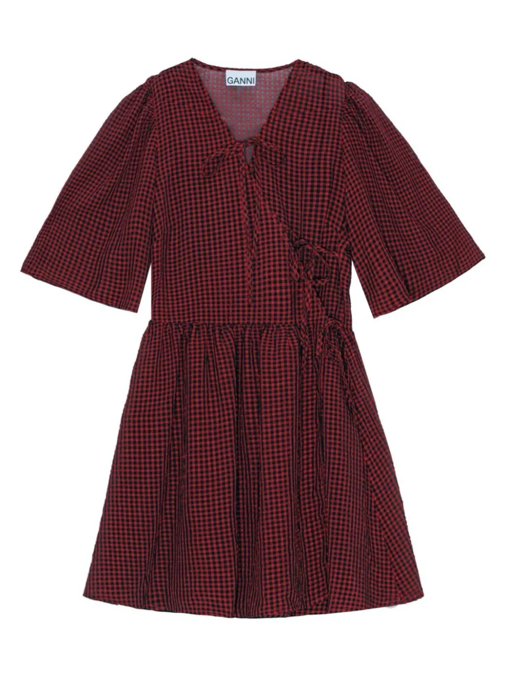 Ganni Sheer Fluid Check Tie String Wrap Dress in Winery