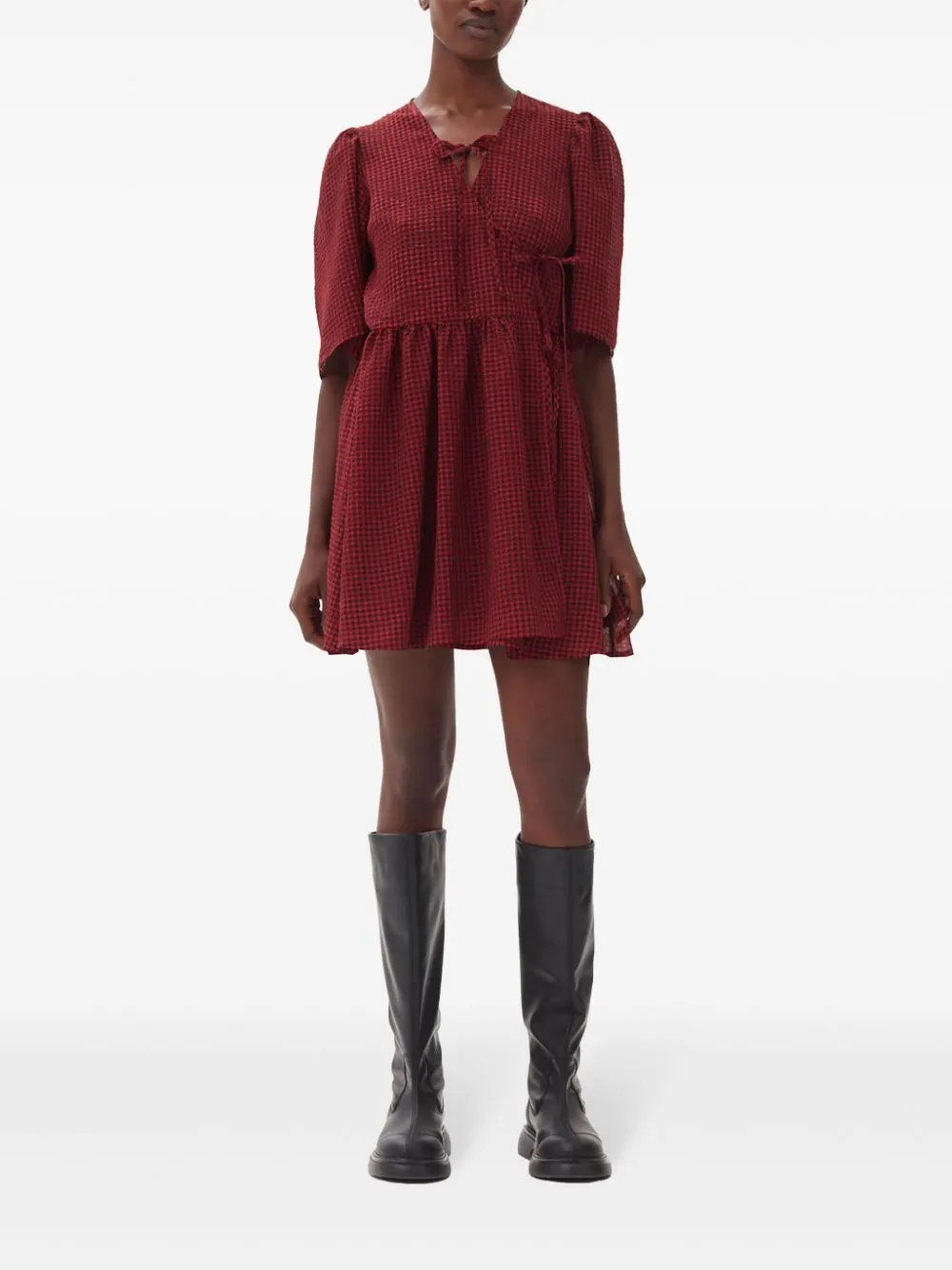 Ganni Sheer Fluid Check Tie String Wrap Dress in Winery