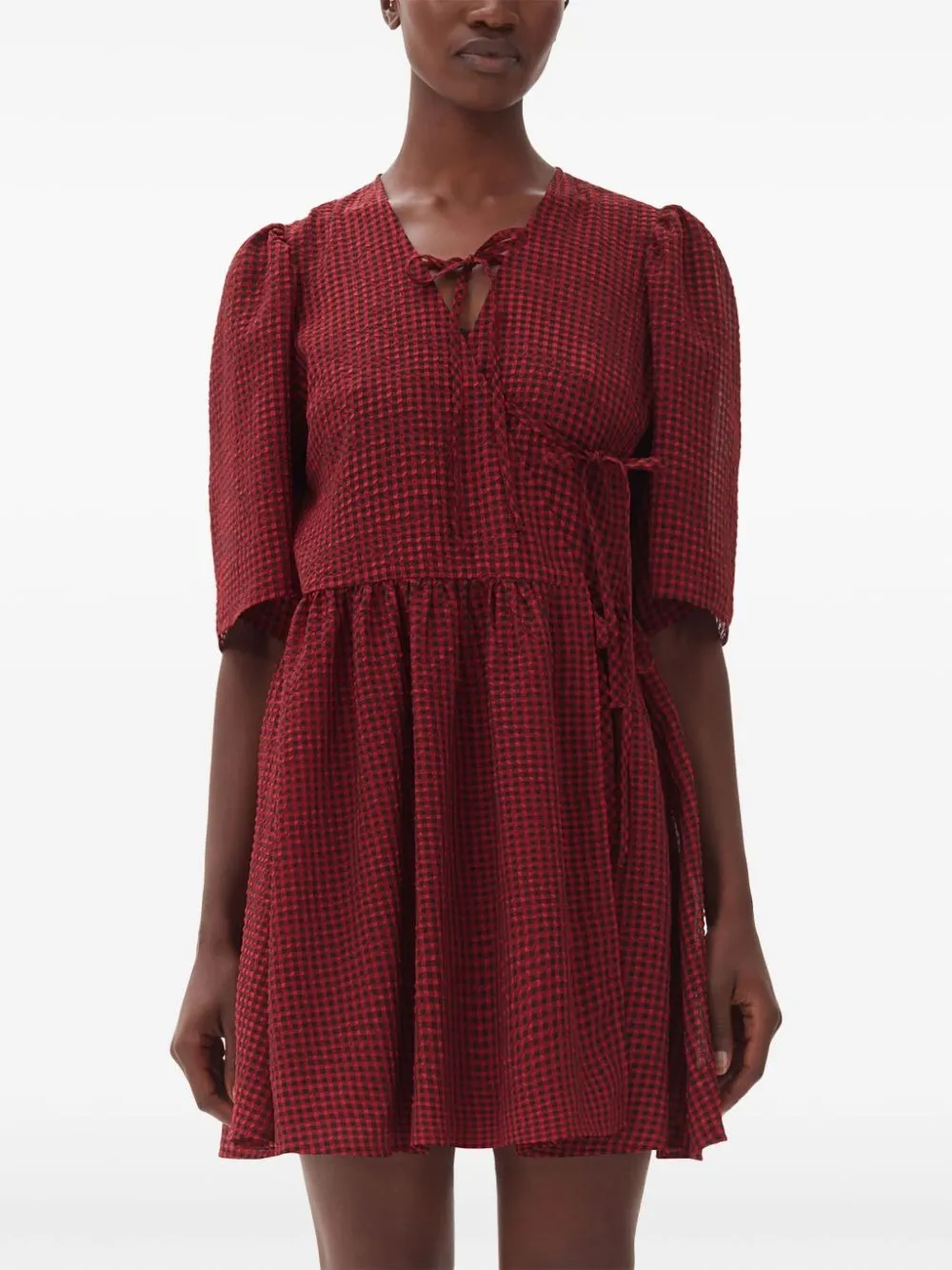 Ganni Sheer Fluid Check Tie String Wrap Dress in Winery