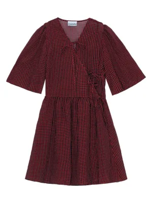 Ganni Sheer Fluid Check Tie String Wrap Dress in Winery