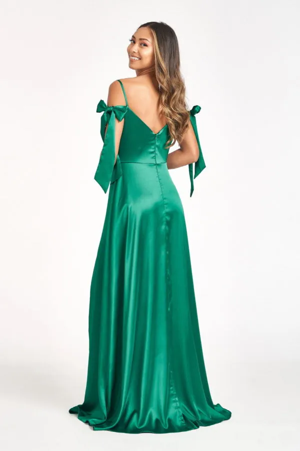 GL 1994 - Satin A-Line Gown with Tying Off The Shoulder Straps Sweetheart Neck & Leg Slit