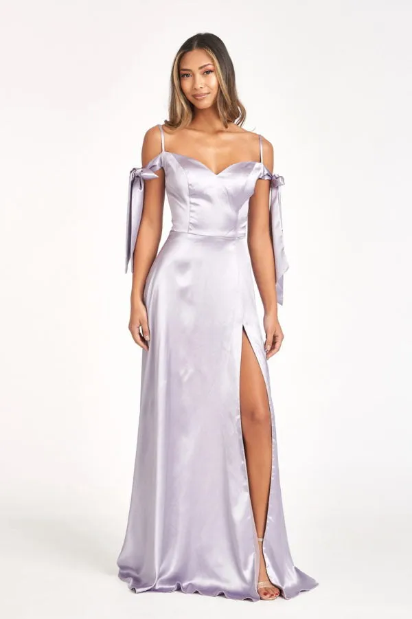 GL 1994 - Satin A-Line Gown with Tying Off The Shoulder Straps Sweetheart Neck & Leg Slit
