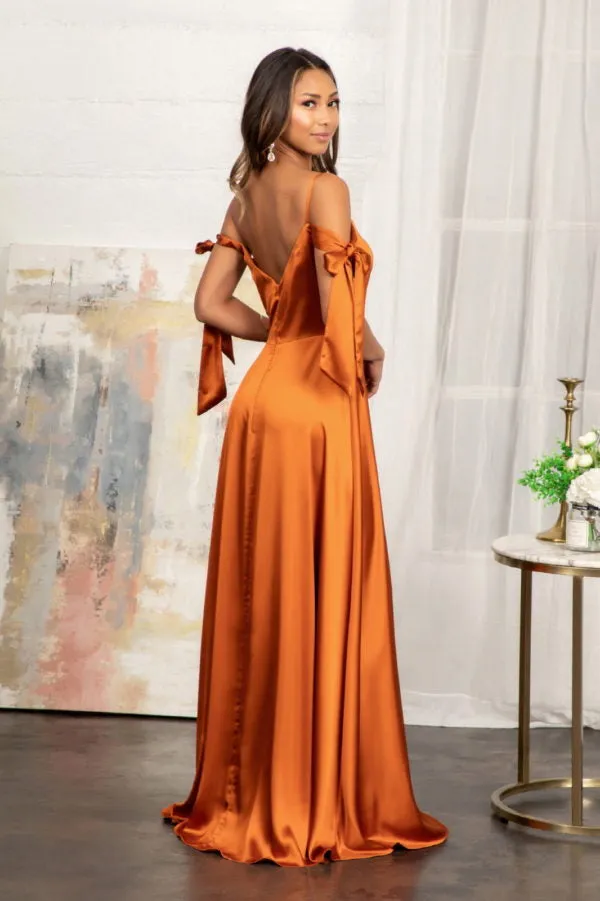 GL 1994 - Satin A-Line Gown with Tying Off The Shoulder Straps Sweetheart Neck & Leg Slit
