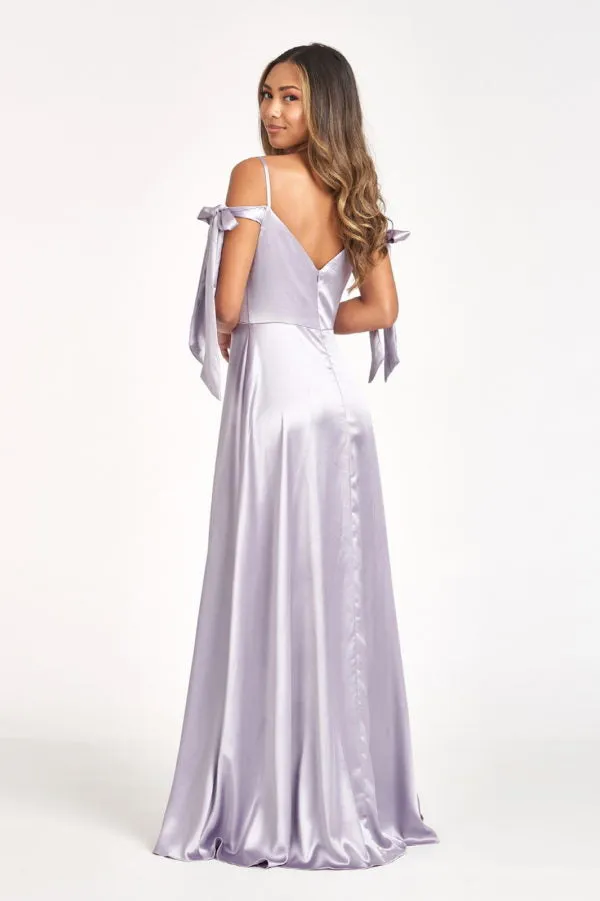 GL 1994 - Satin A-Line Gown with Tying Off The Shoulder Straps Sweetheart Neck & Leg Slit