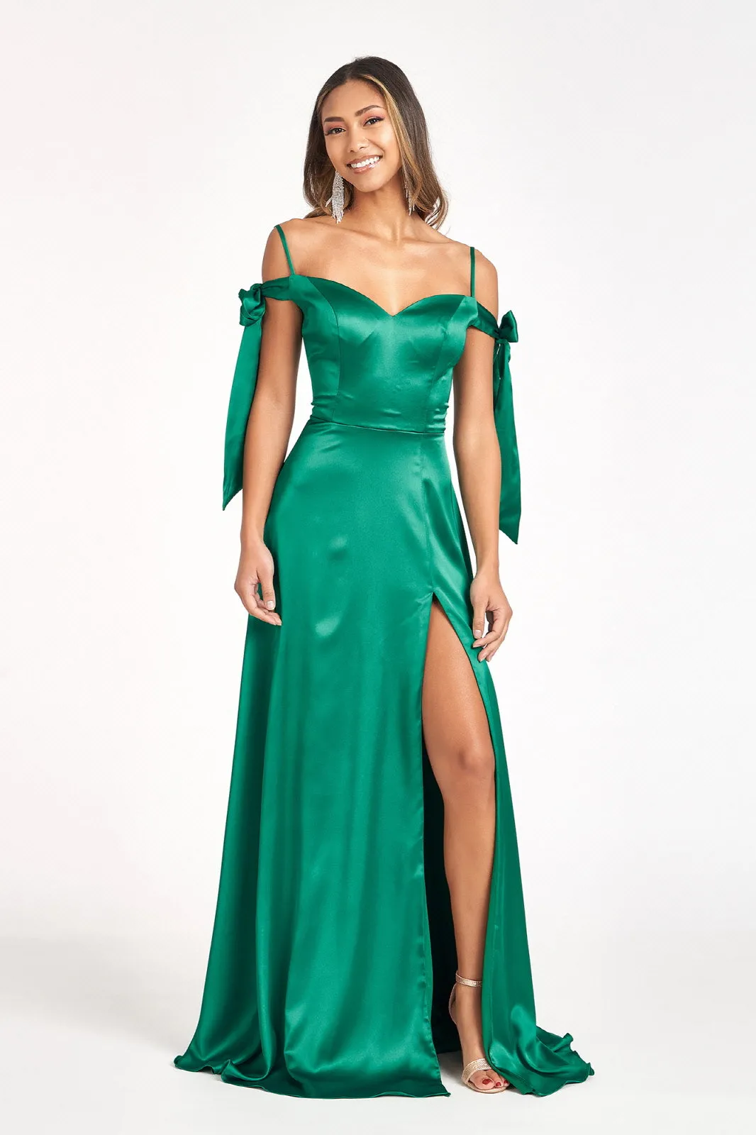 GL 1994 - Satin A-Line Gown with Tying Off The Shoulder Straps Sweetheart Neck & Leg Slit