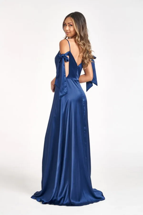GL 1994 - Satin A-Line Gown with Tying Off The Shoulder Straps Sweetheart Neck & Leg Slit