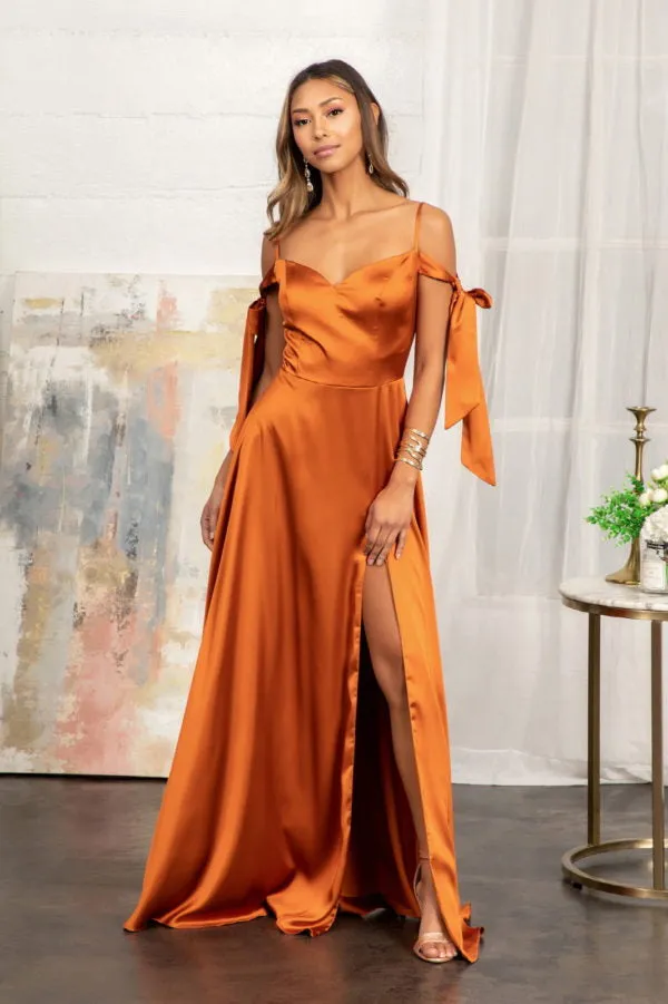 GL 1994 - Satin A-Line Gown with Tying Off The Shoulder Straps Sweetheart Neck & Leg Slit