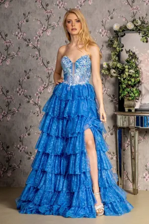 GL 3461 - Strapless A-Line Prom Gown with Cascading Ruffled Skirt & Sheer Beaded Lace Detailed Boned Corset Bodice & Leg Slit