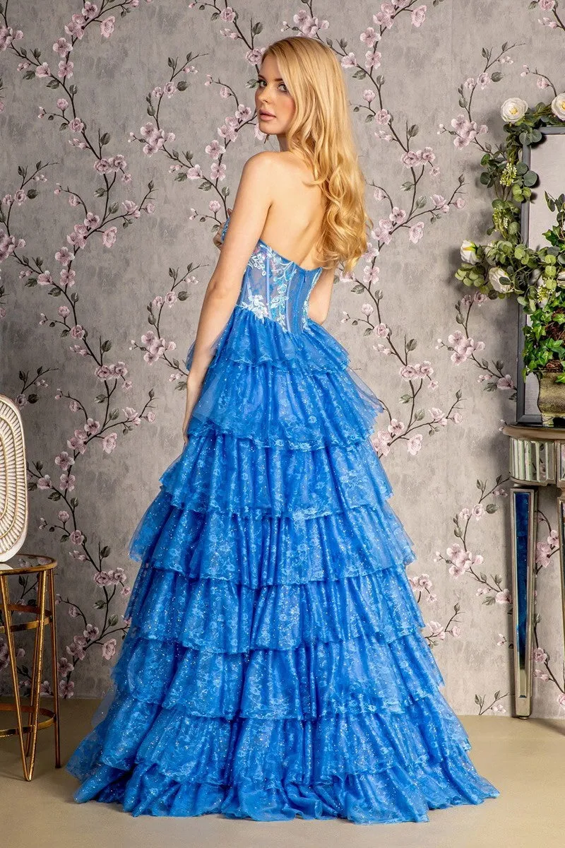 GL 3461 - Strapless A-Line Prom Gown with Cascading Ruffled Skirt & Sheer Beaded Lace Detailed Boned Corset Bodice & Leg Slit