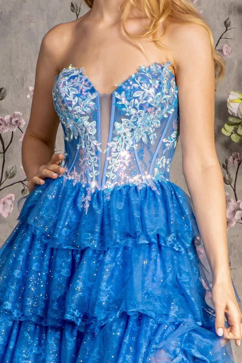 GL 3461 - Strapless A-Line Prom Gown with Cascading Ruffled Skirt & Sheer Beaded Lace Detailed Boned Corset Bodice & Leg Slit