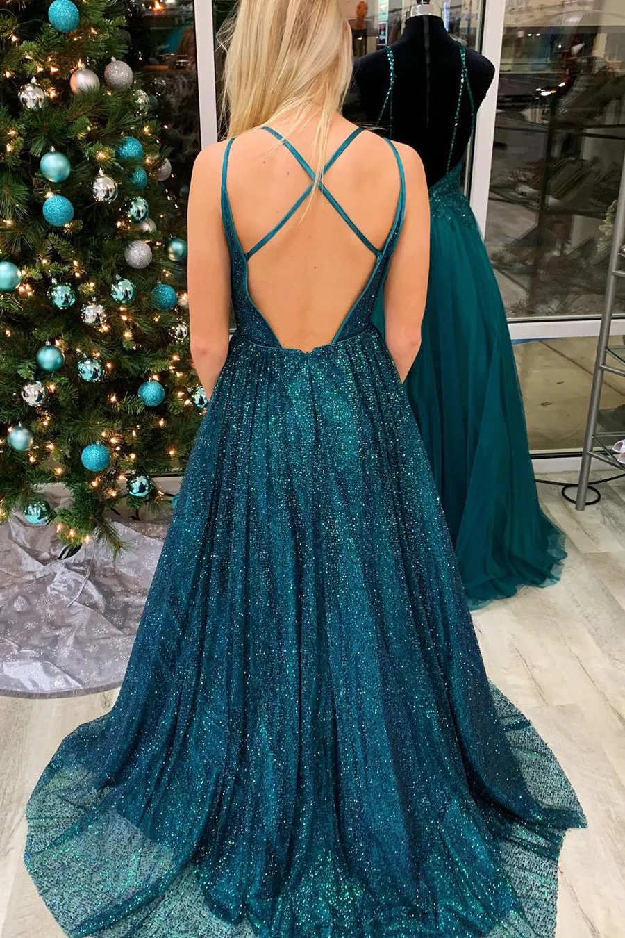 Glitter A-Line Teal Long Prom Dress with Spaghetti Straps
