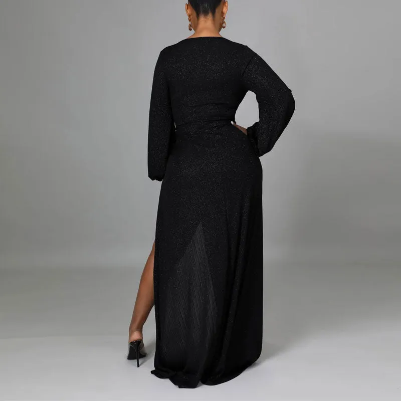 Glitter Deep V-Neck Long Sleeve High Slit Floor-Length Dress