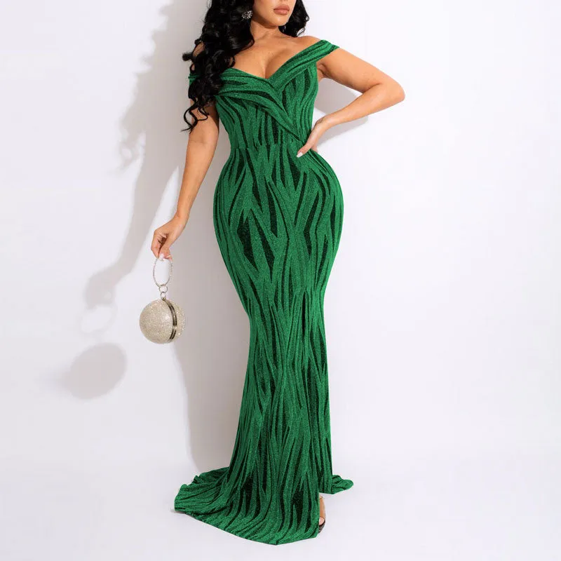 Glitter V-Neck Off Shoulder Maxi Dress