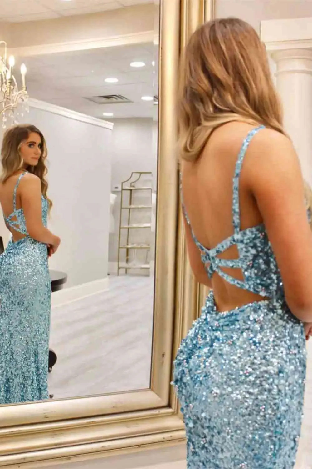 Glitter V-Neck Tiffany Blue Mermaid Prom Dreess