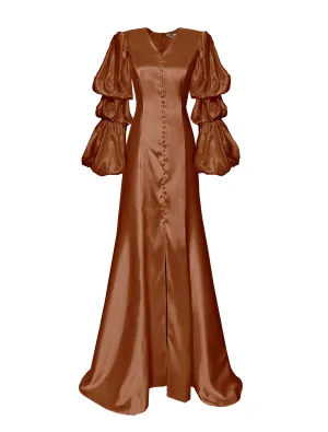 Glow Satin Gown with Layered Puff Sleeves - More Colors