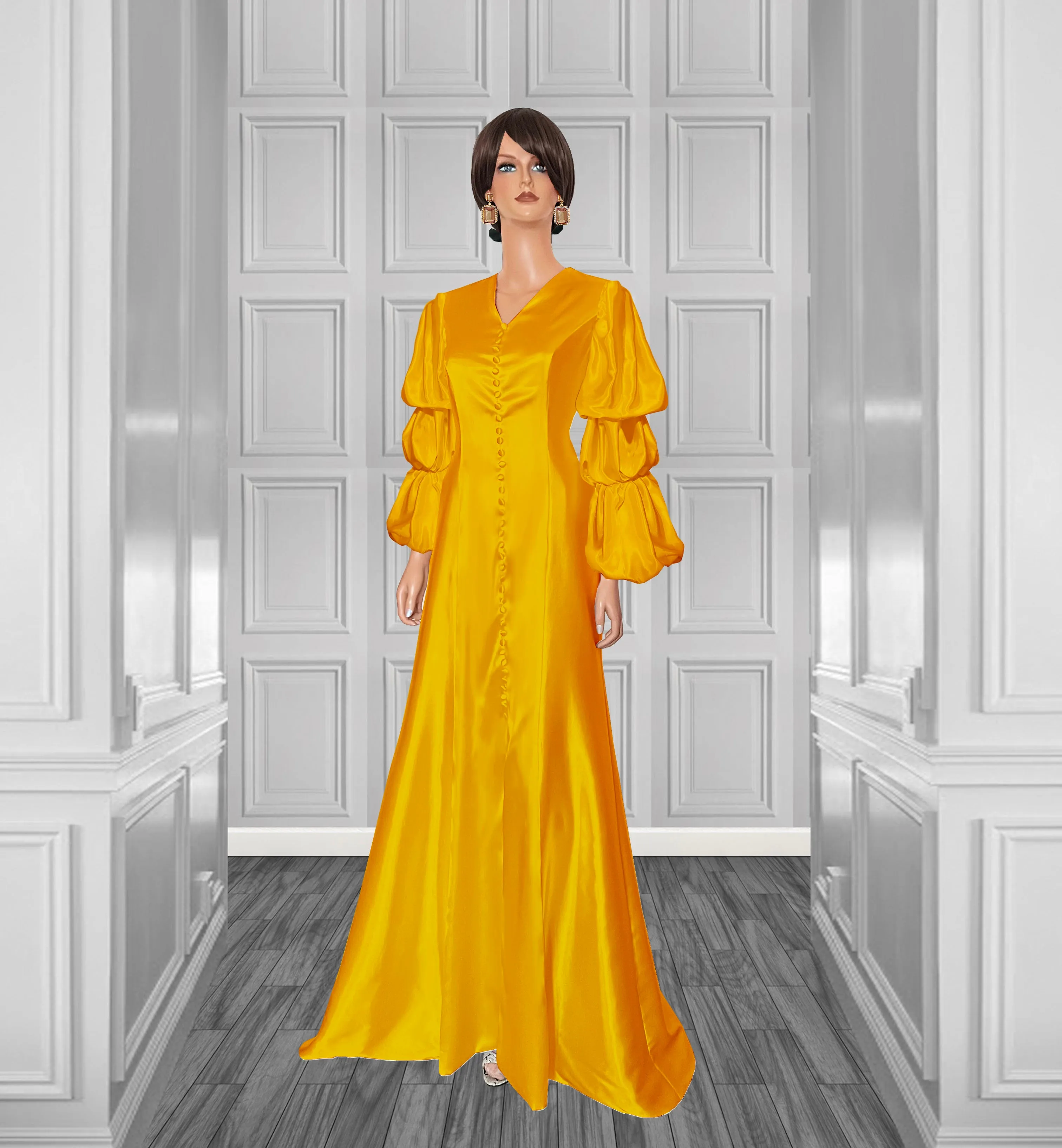 Glow Satin Gown with Layered Puff Sleeves - More Colors