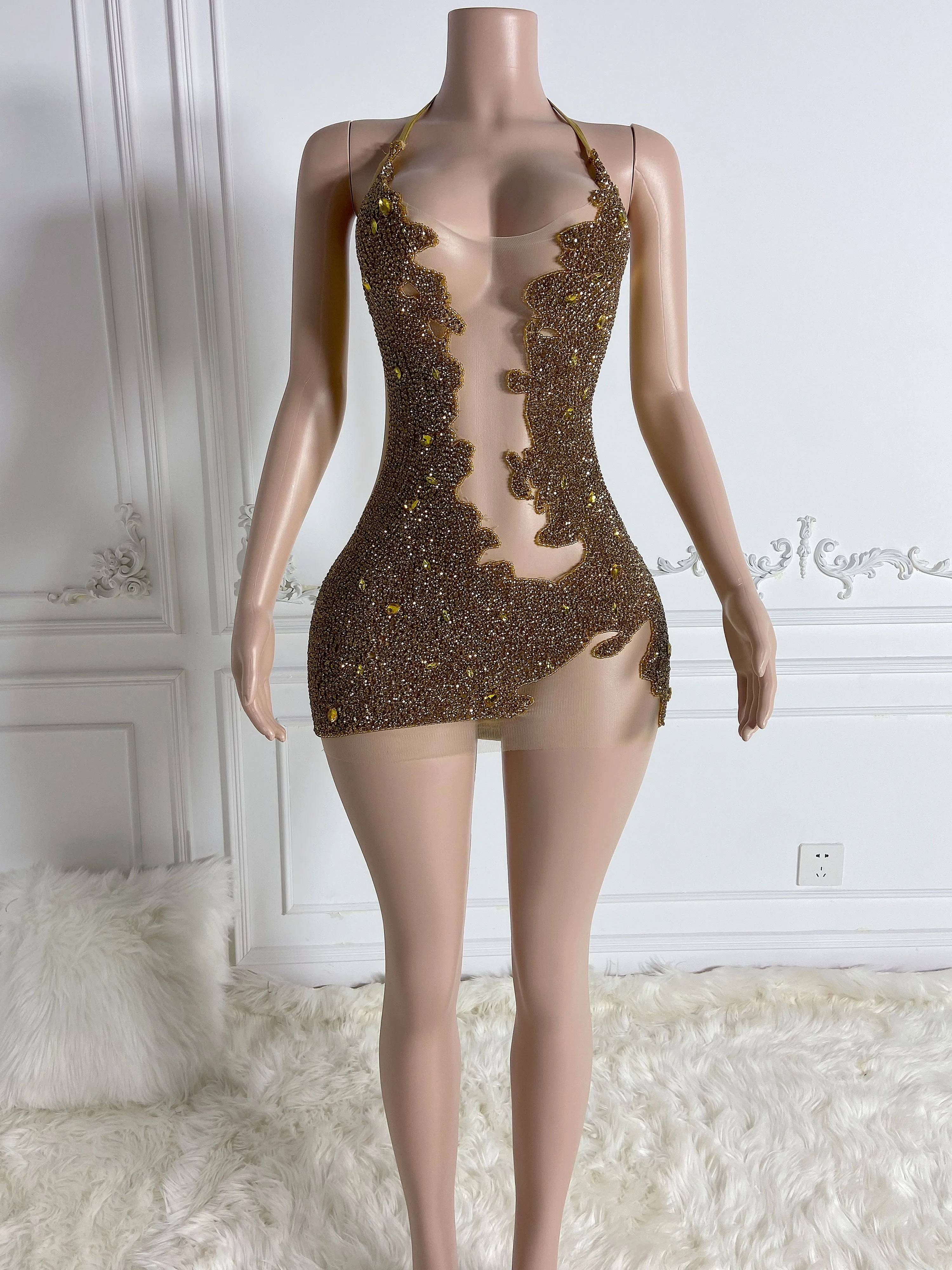 Golden Alluring Glitter Halter Mini Dress