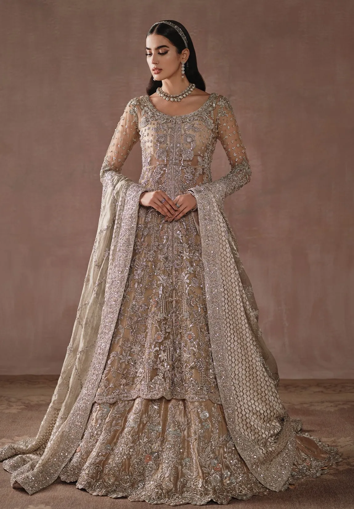 Golden Pakistani Bridal Dress in Lehenga Gown Style