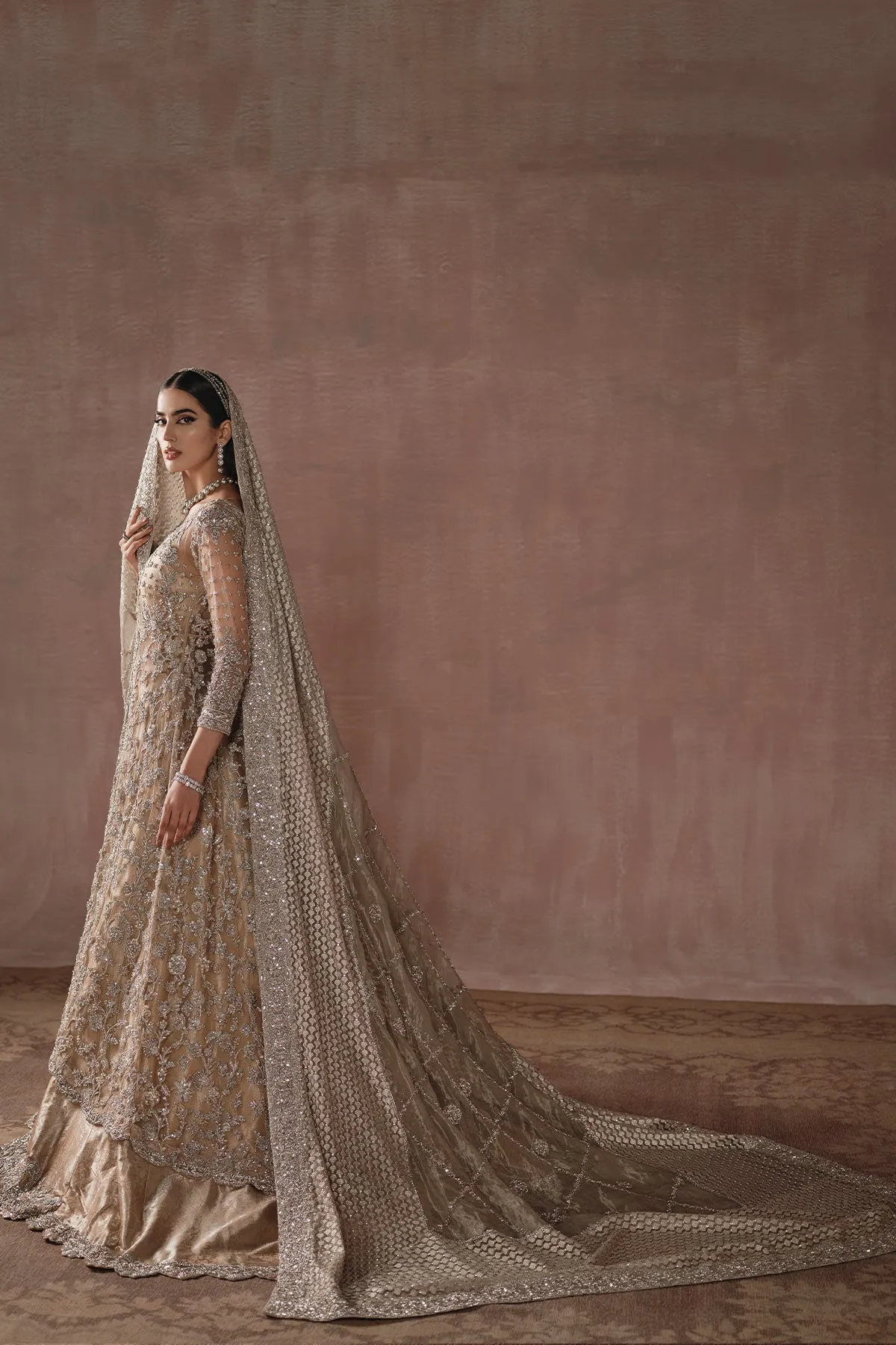 Golden Pakistani Bridal Dress in Lehenga Gown Style