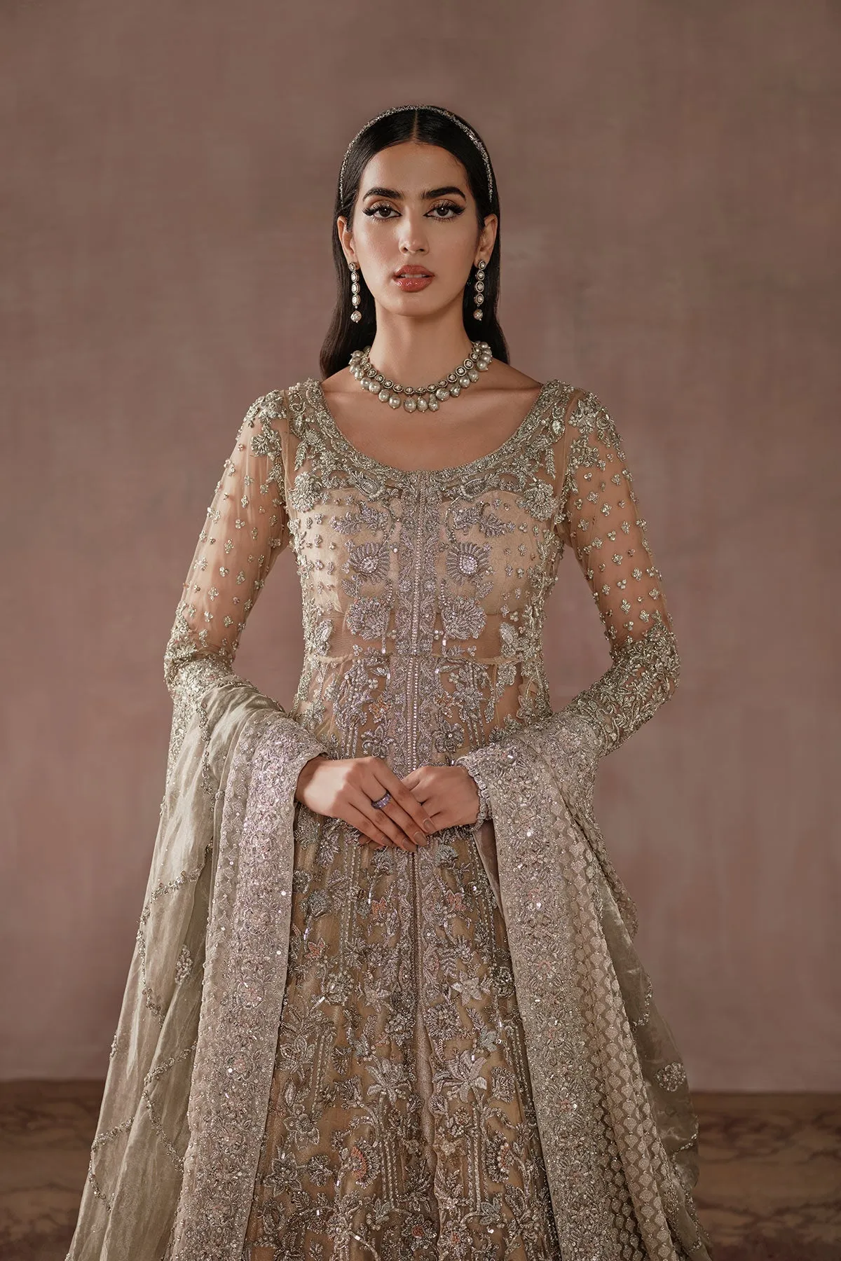 Golden Pakistani Bridal Dress in Lehenga Gown Style
