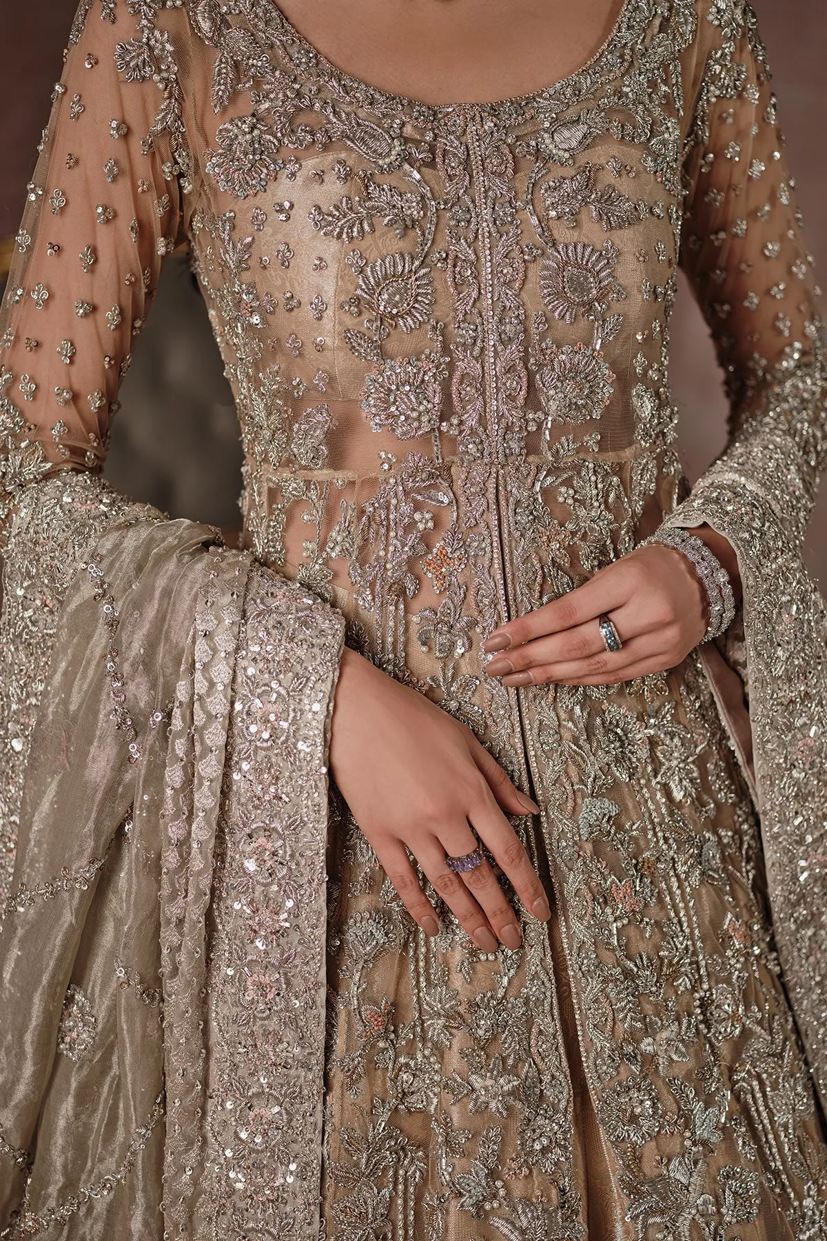 Golden Pakistani Bridal Dress in Lehenga Gown Style