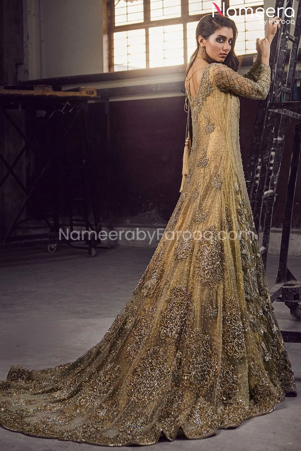 Golden Pakistani Gown for Bride in Tissue Fabric #BS496