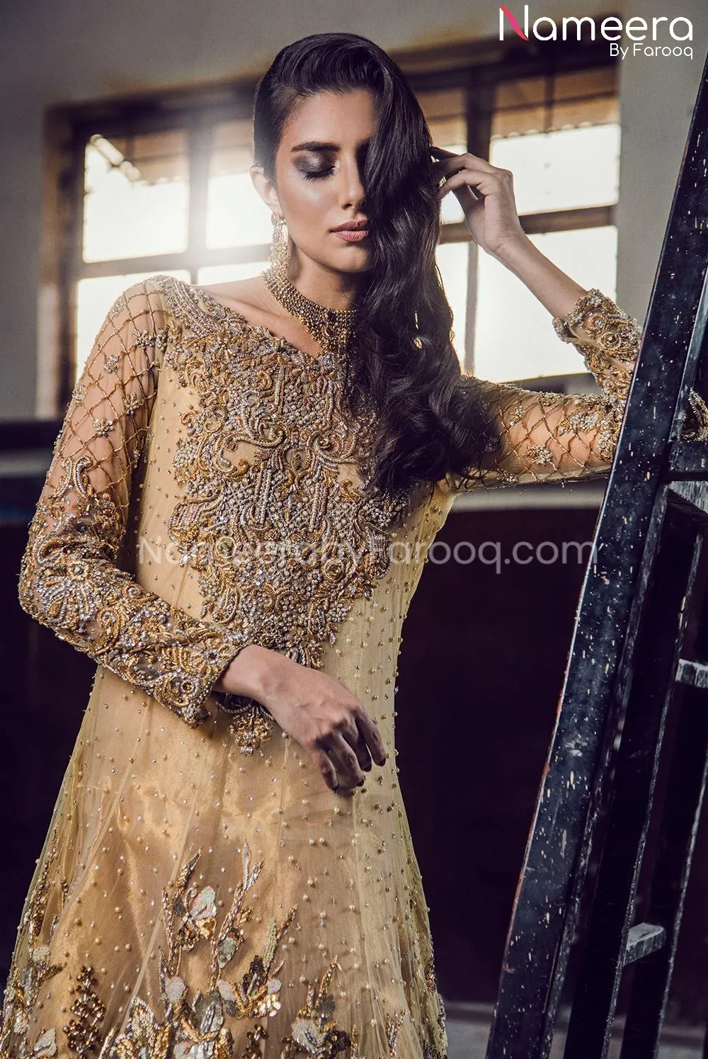 Golden Pakistani Gown for Bride in Tissue Fabric #BS496