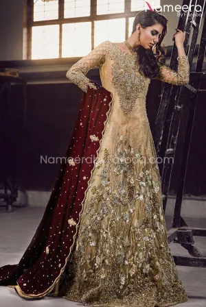 Golden Pakistani Gown for Bride in Tissue Fabric #BS496