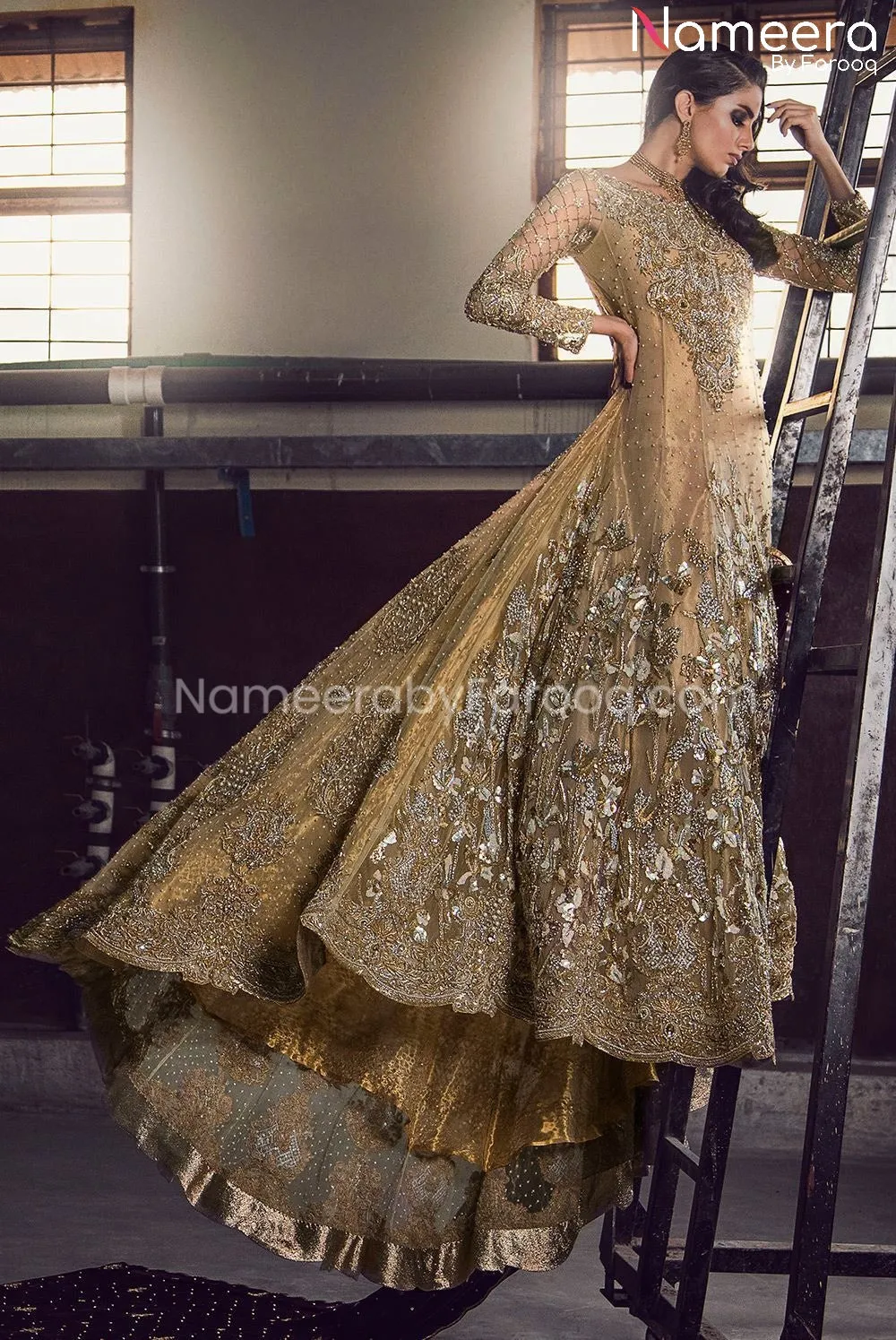 Golden Pakistani Gown for Bride in Tissue Fabric #BS496