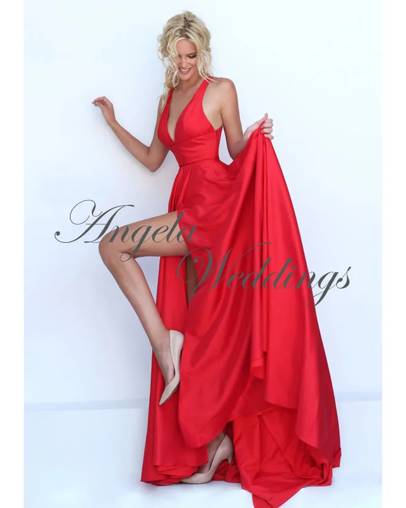 Gorgeous V Neck Red Evening Dresses with Split Side 2018