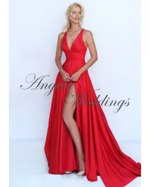 Gorgeous V Neck Red Evening Dresses with Split Side 2018