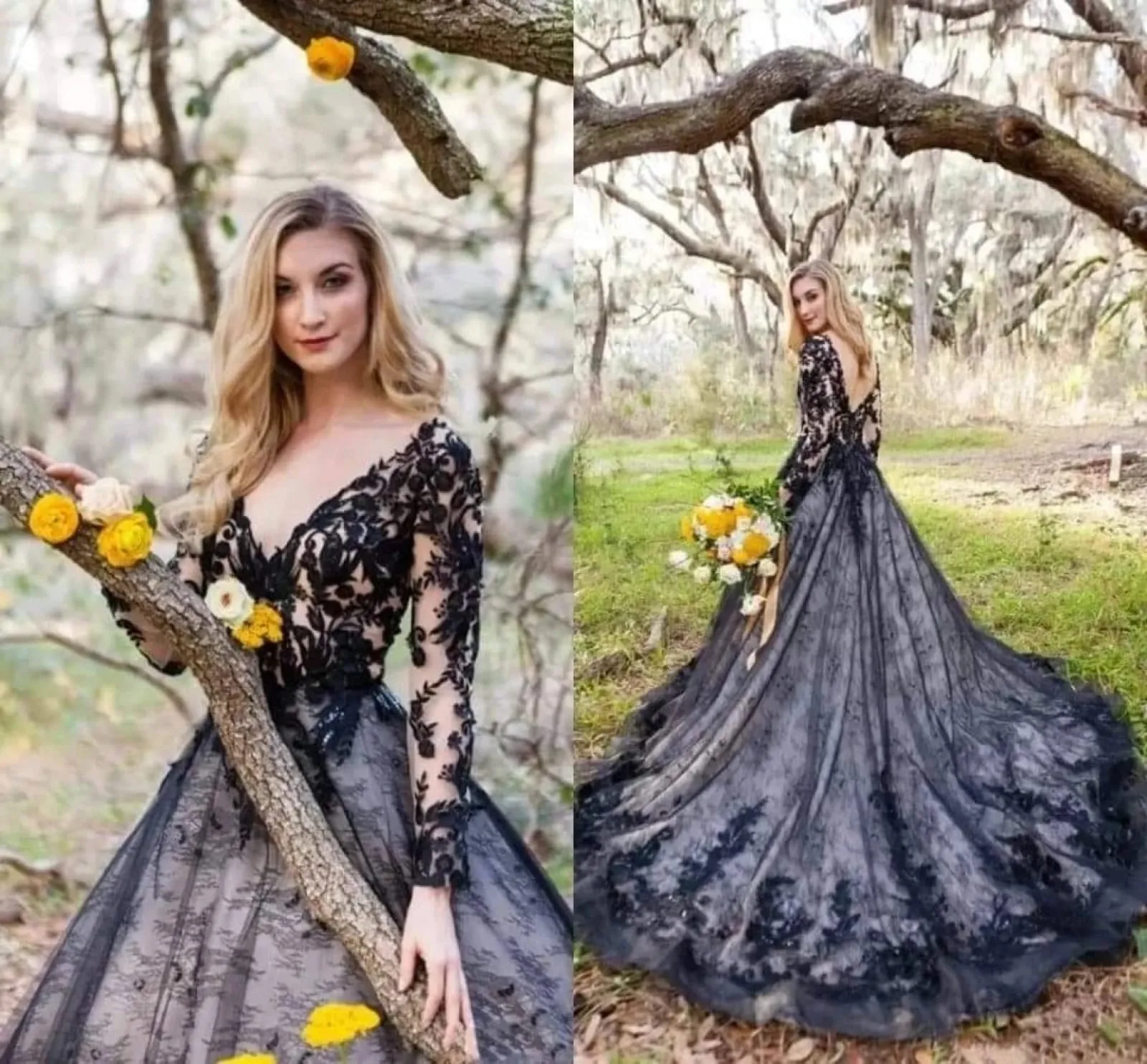 Gothic A-line V Neck Long Sleeve Chapel Black Lace Wedding Dress