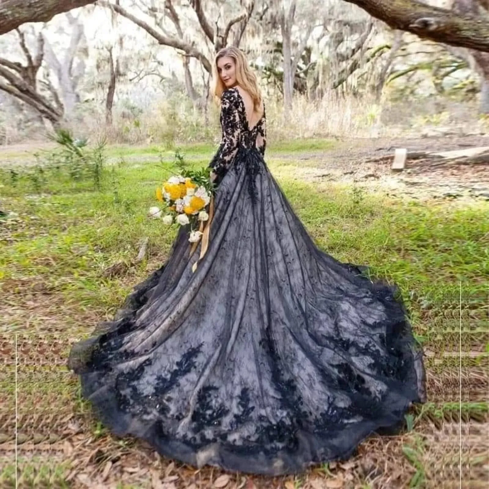 Gothic A-line V Neck Long Sleeve Chapel Black Lace Wedding Dress