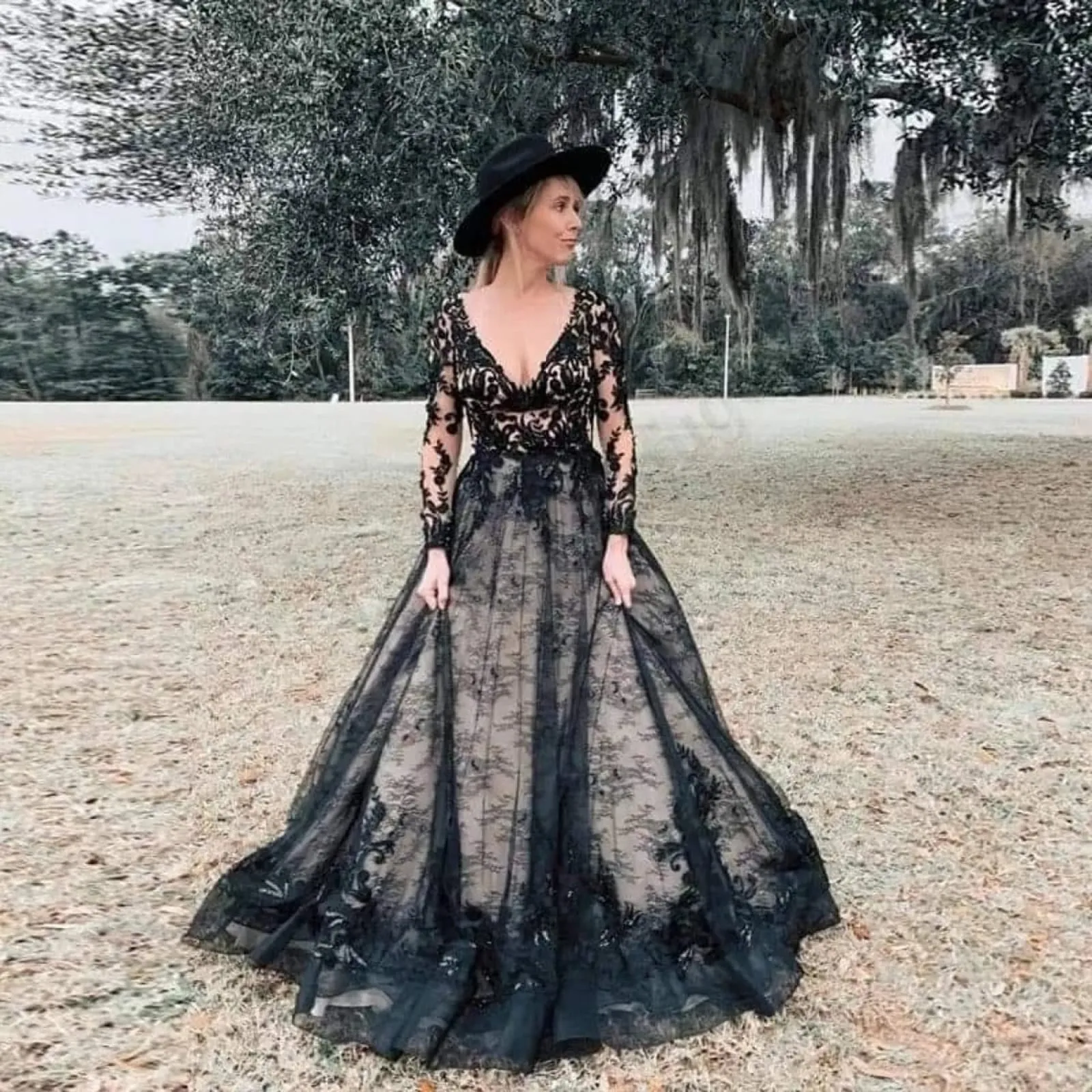 Gothic A-line V Neck Long Sleeve Chapel Black Lace Wedding Dress