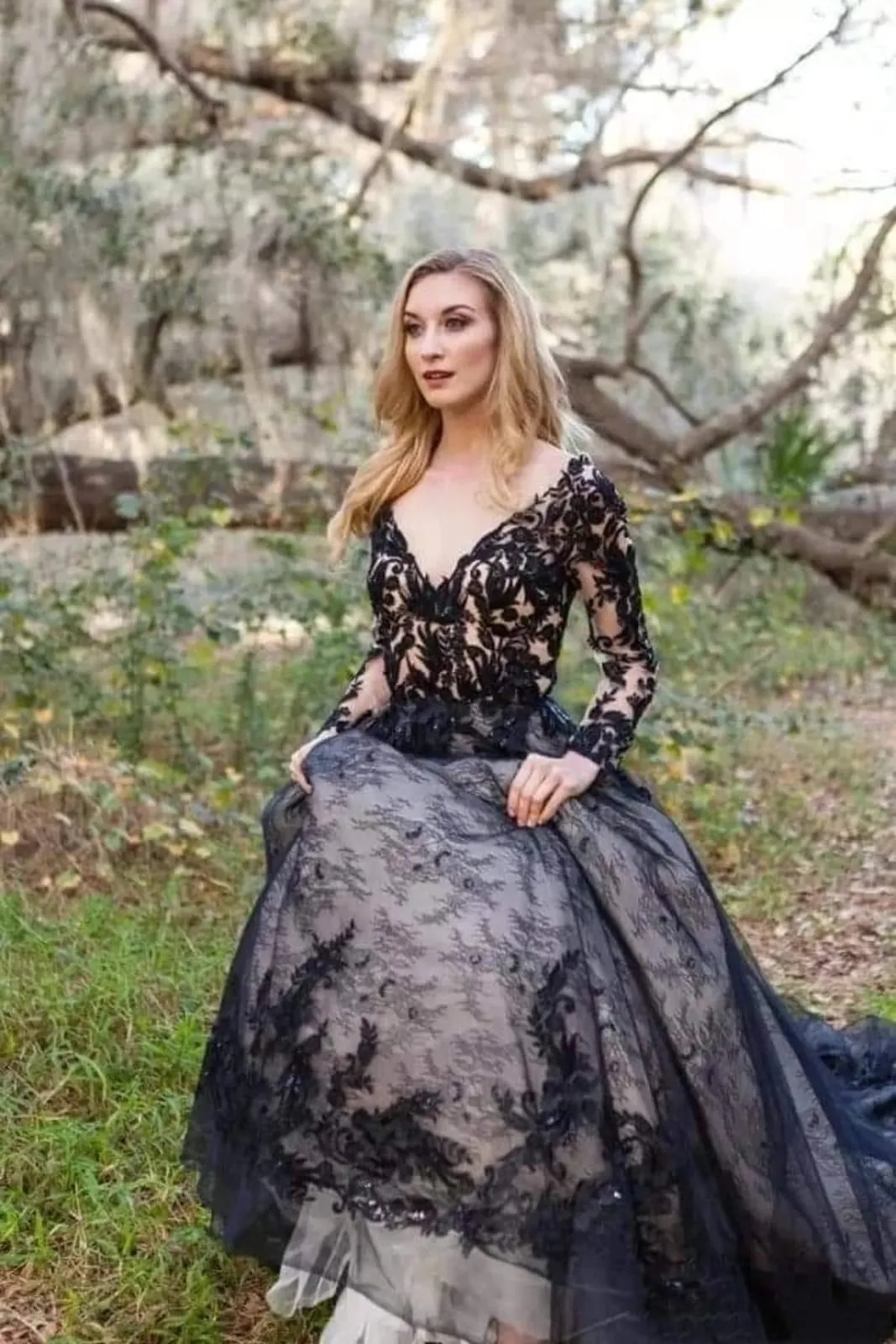 Gothic A-line V Neck Long Sleeve Chapel Black Lace Wedding Dress