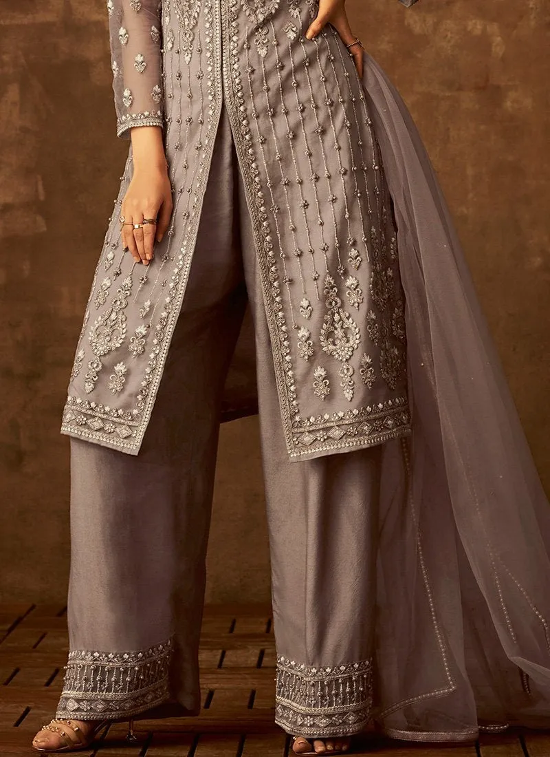 Grey Traditional Embroidered Palazzo Pant Suit