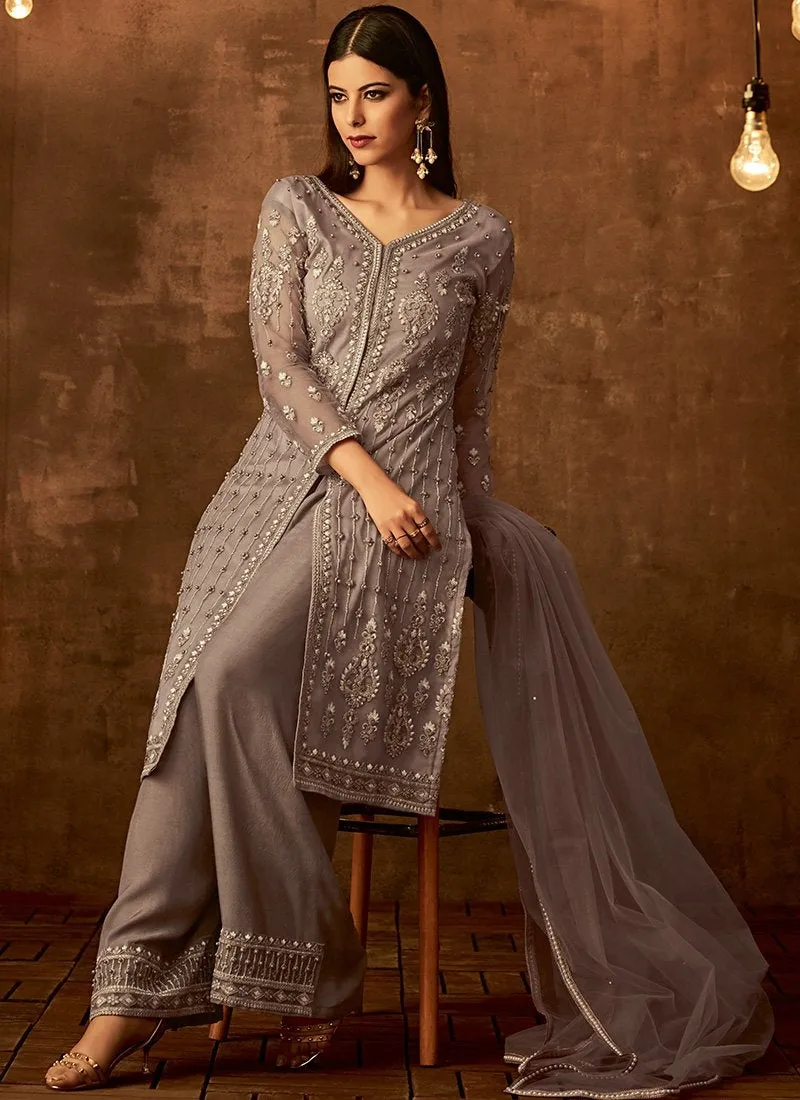 Grey Traditional Embroidered Palazzo Pant Suit