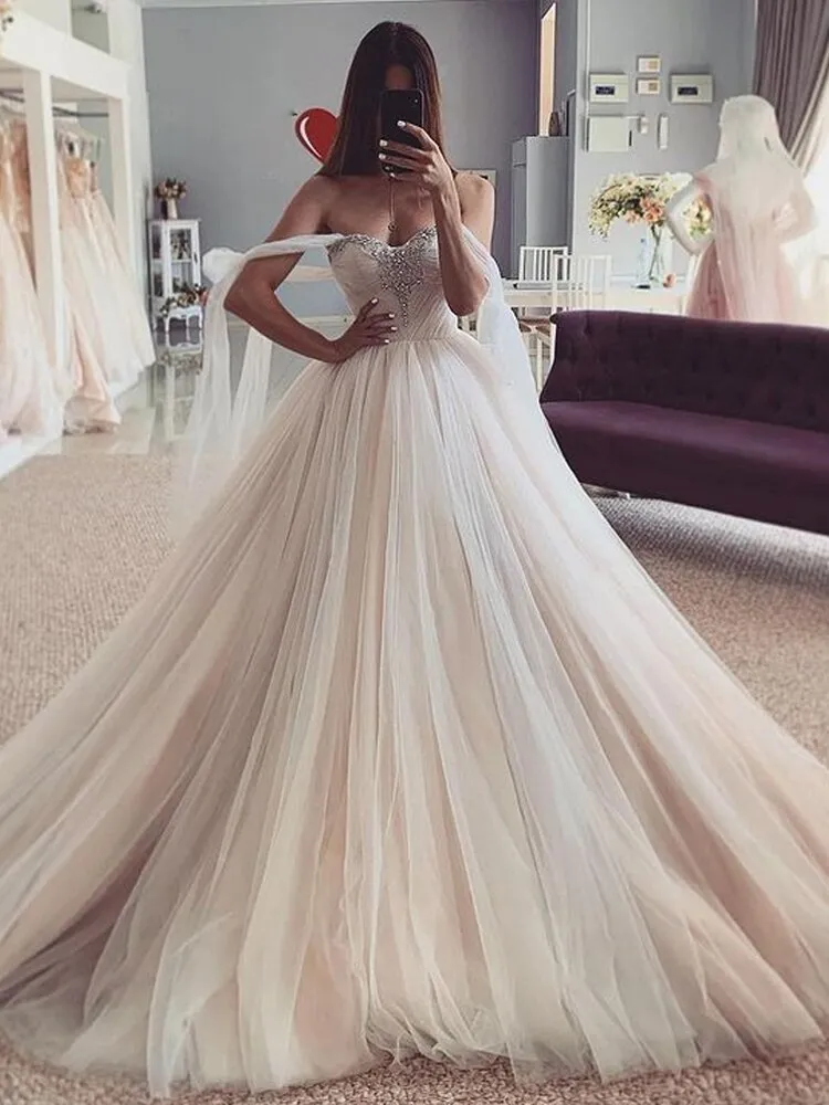 GY Elegant Beach Wedding Party Dress Wedding Dresses Beading Puffy Tulle Princess Bridal Gowns With Lace-Up Off The Shoulder