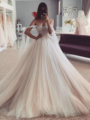 GY Elegant Beach Wedding Party Dress Wedding Dresses Beading Puffy Tulle Princess Bridal Gowns With Lace-Up Off The Shoulder