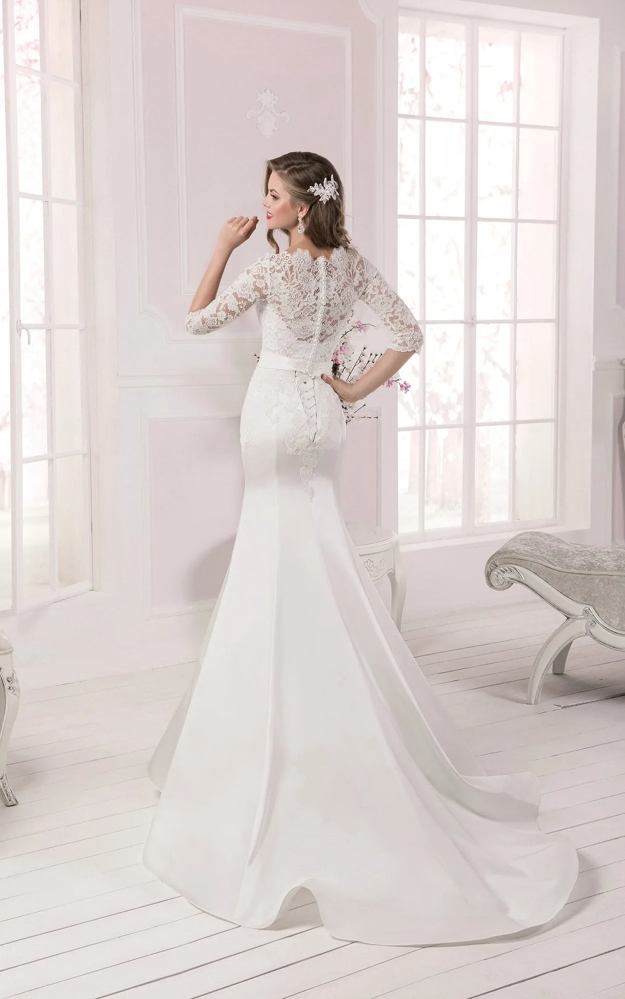 Half Sleeve Lace Top Long Mermaid Dress with Crystal Detailing-714170