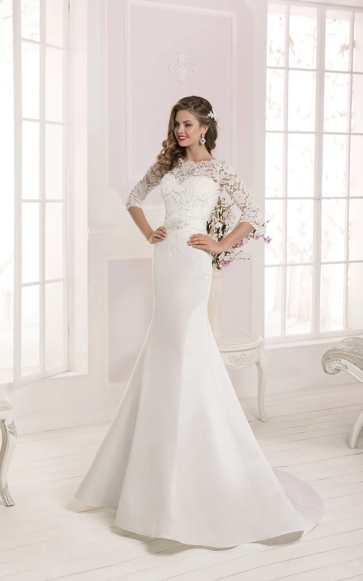 Half Sleeve Lace Top Long Mermaid Dress with Crystal Detailing-714170