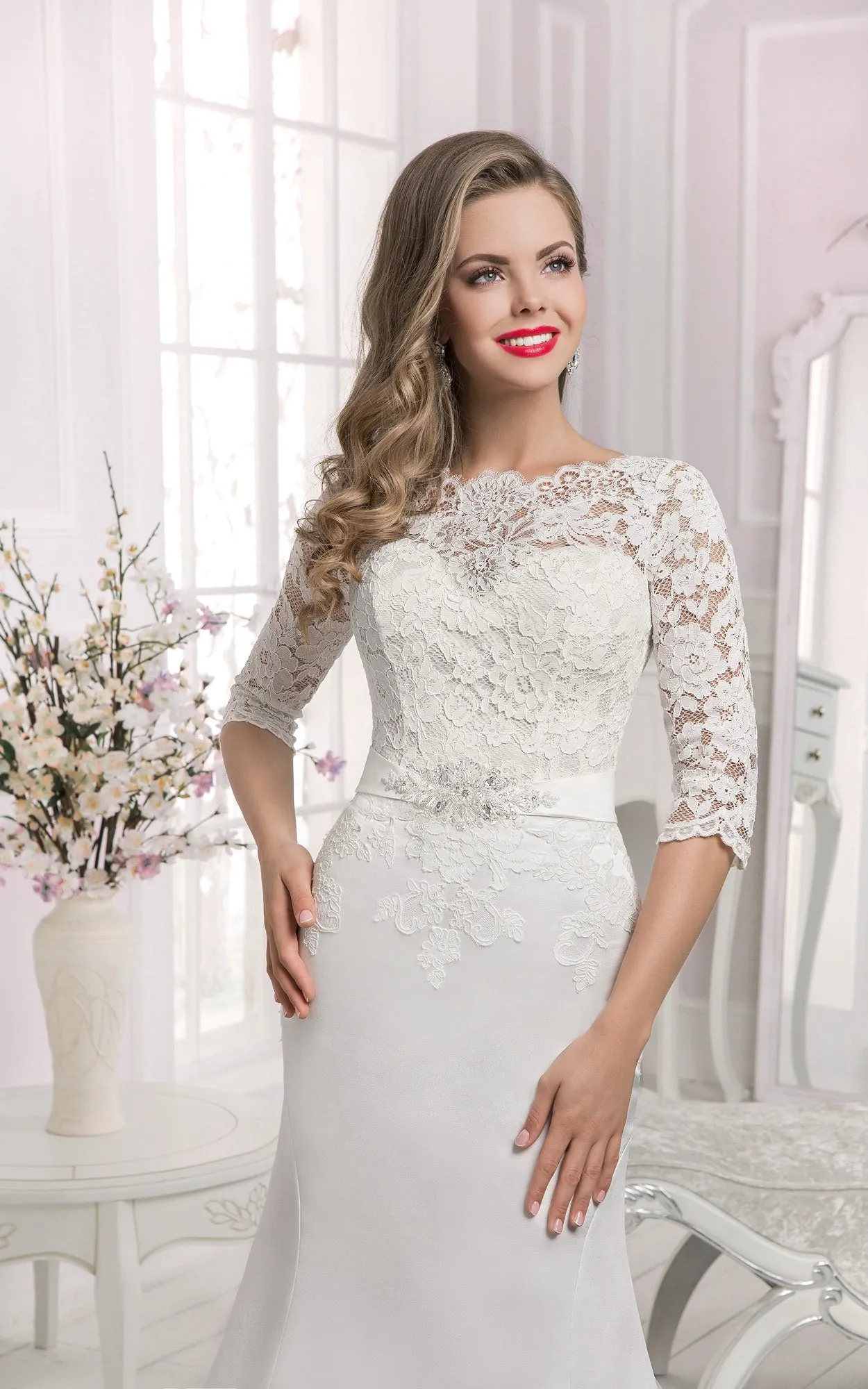 Half Sleeve Lace Top Long Mermaid Dress with Crystal Detailing-714170
