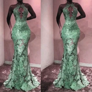 halter evening dresses long backless mermaid mint green lace appliqué sexy formal dress evening