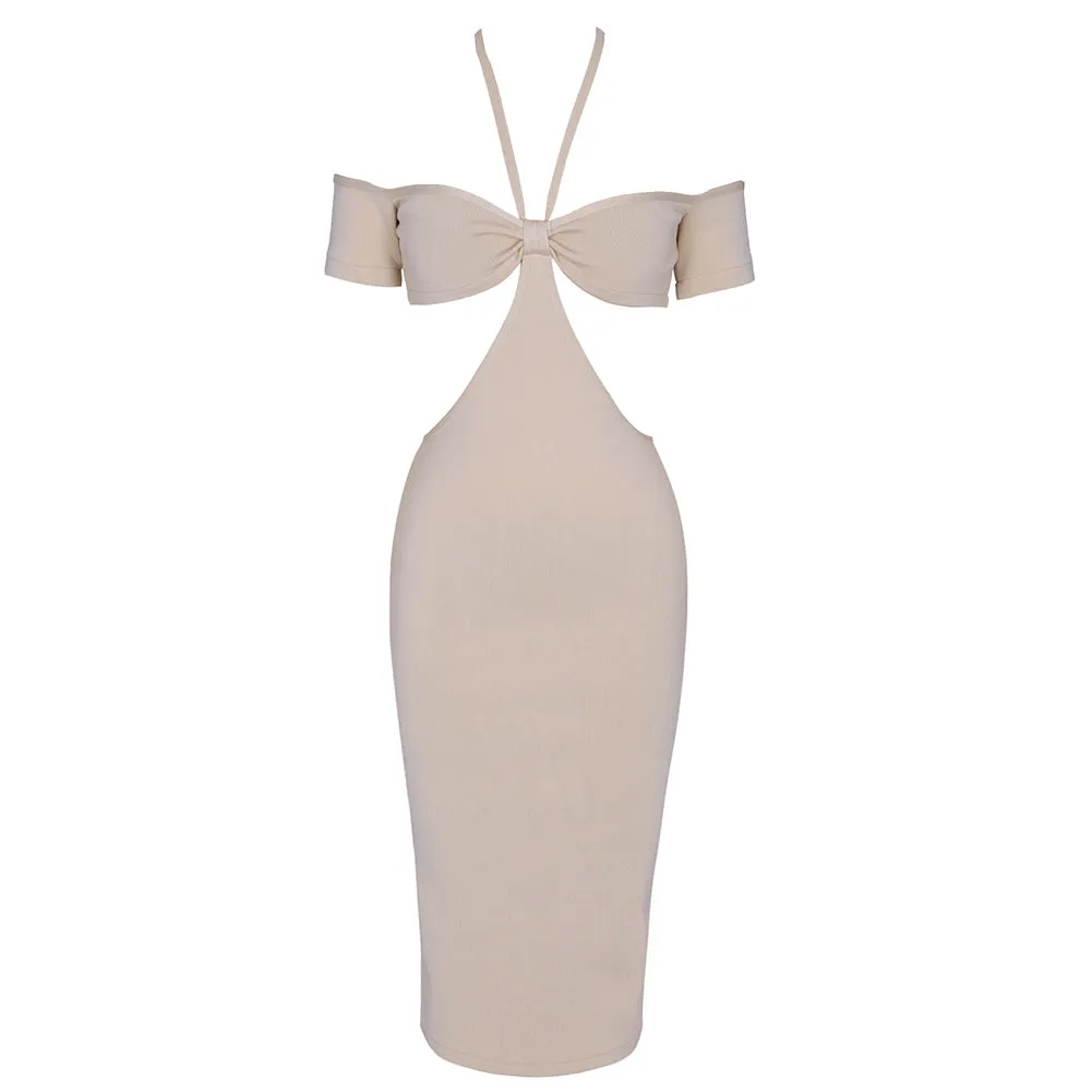 Halter Short Sleeve Cut Out Midi Bandage Dress