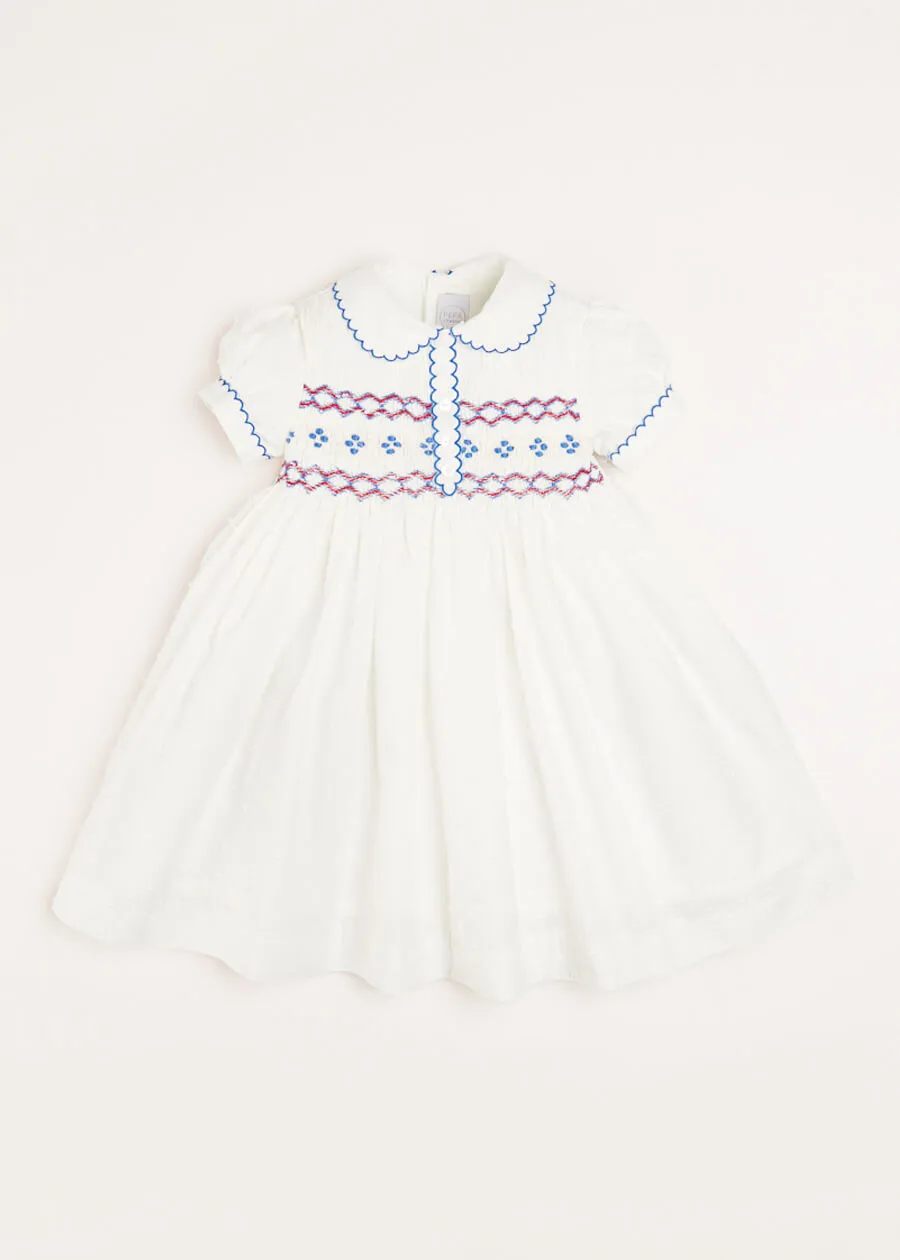Hand Smocked Plumetti Short Sleeve Dress in White (12mths-6yrs)
