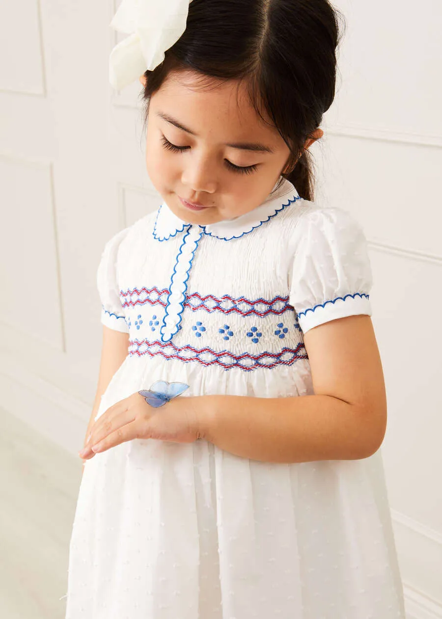 Hand Smocked Plumetti Short Sleeve Dress in White (12mths-6yrs)