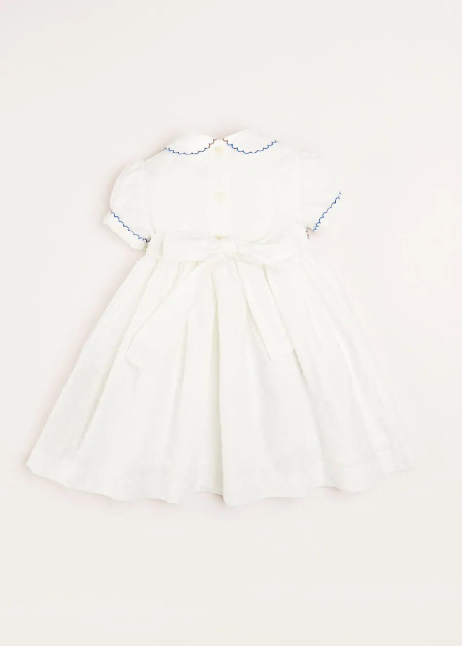 Hand Smocked Plumetti Short Sleeve Dress in White (12mths-6yrs)