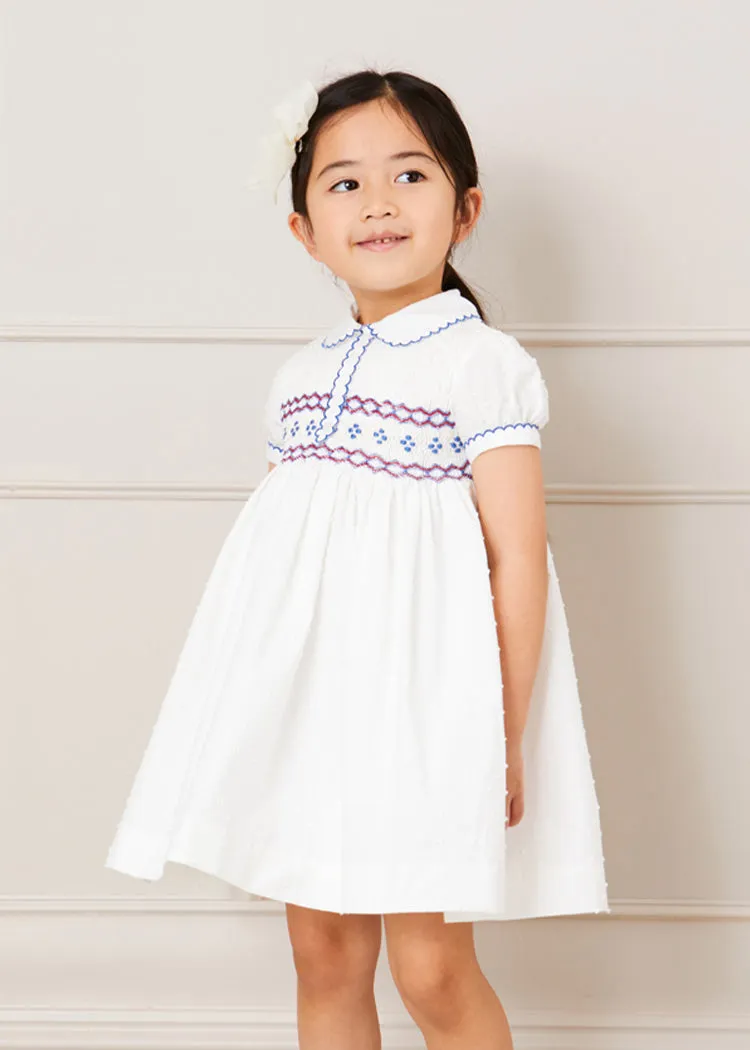 Hand Smocked Plumetti Short Sleeve Dress in White (12mths-6yrs)