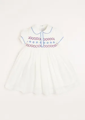 Hand Smocked Plumetti Short Sleeve Dress in White (12mths-6yrs)