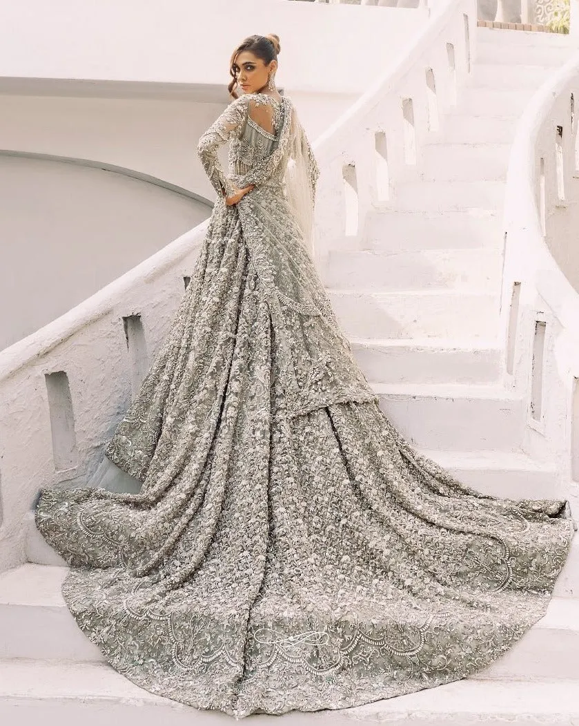 Heavy Long Tail Grey Lehenga Gown for Indian Bridal Wear